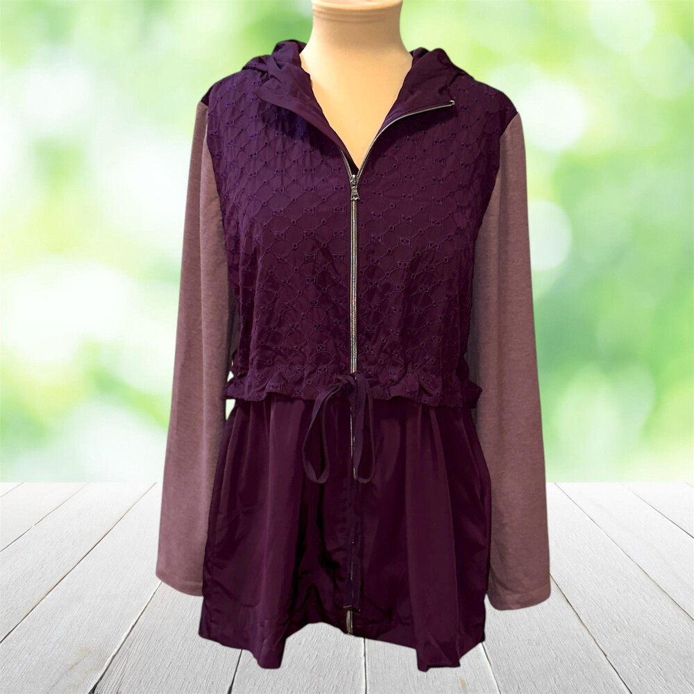 LOGO LORI GOLDSTEIN Mixed Media Jacket Hooded Lace Zip Drawstring Purple Size 16